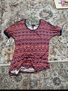 American Dream Coral and Navy Aztec Short Sleeve Tee